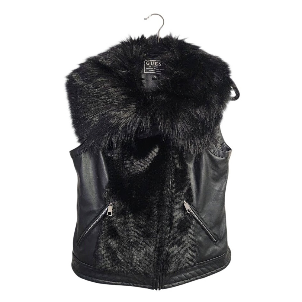GUESS Y2K Faux Fur Leather Moto Vest Black Lace Up Corset Back Zip M
